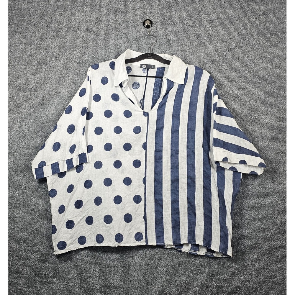 M Made In Italy Top Womens Small Polka‎ Dot Stripe 100% Linen Lagenlook Boho
